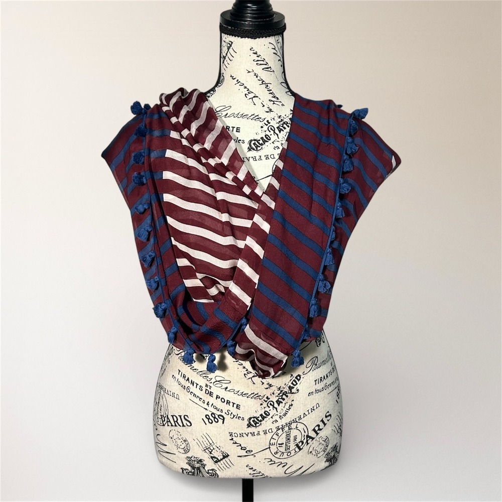 J.Crew Silk Infinity Scarf Red Navy Striped Lightweight Tassel Boho‎ Nautical